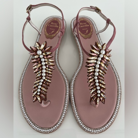 RENE CAOVILLA BLUSH CRYSTAL PEARL EMBELLISHED SANDALS SIZE IT 38.5 / US 8.5 NEW! - Picture 5 of 17